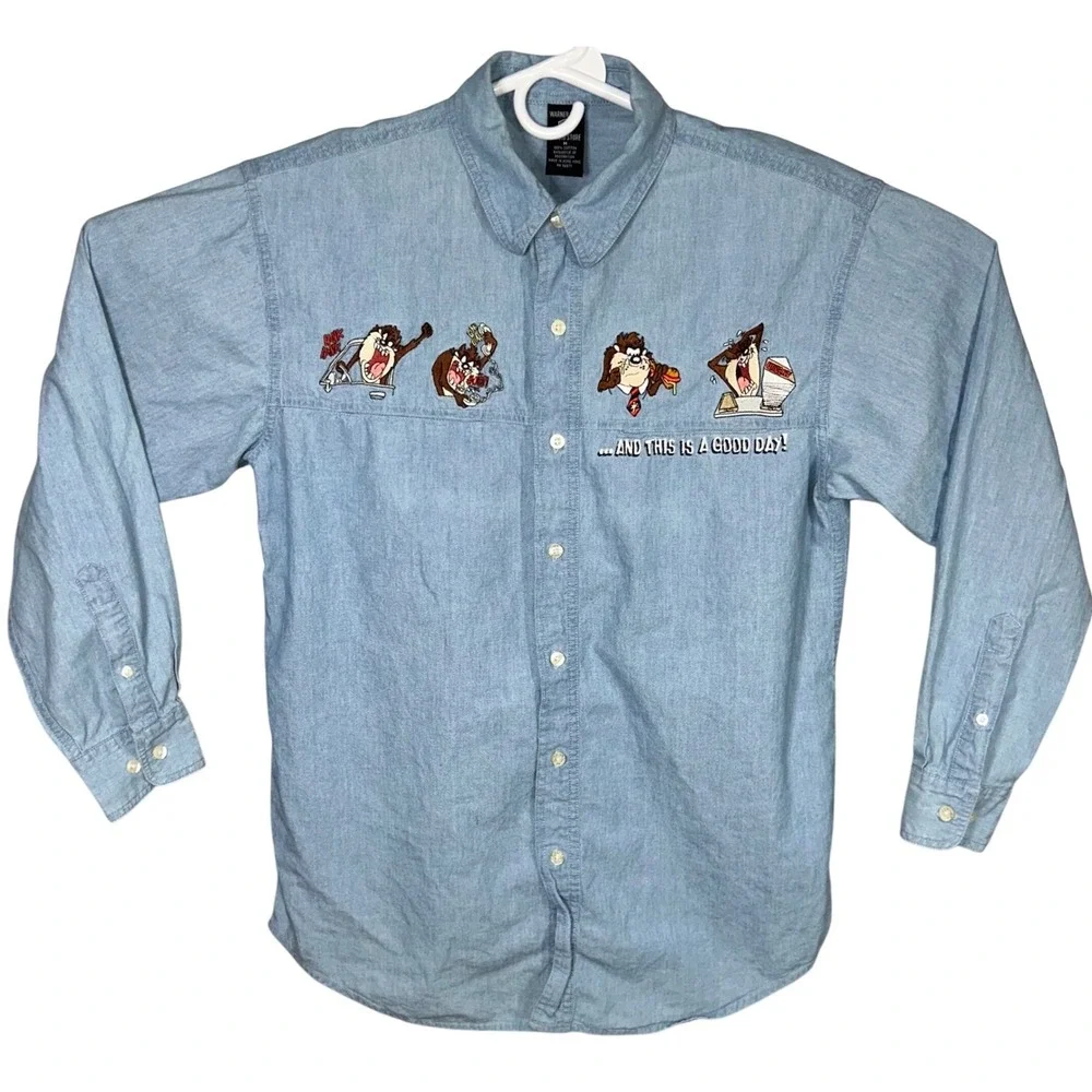 Vintage Warner Brothers Studio Taz Tasmanian Devil Denim Shirt Cartoon Medium - Picture 2 of 13